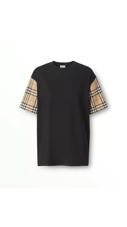 Vintage Check Sleeve Cotton Oversized T-shirt - Black