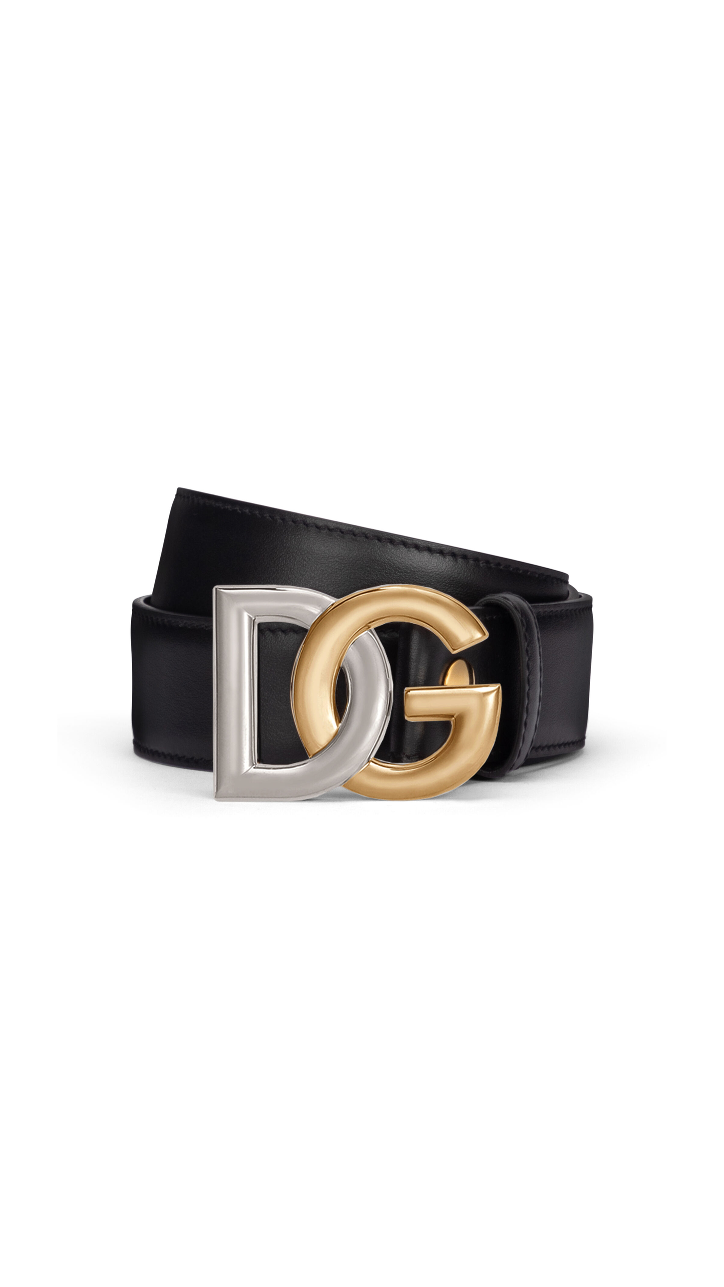 Calfskin Belt with Double-plated DG Logo - Black/Silver/Gold