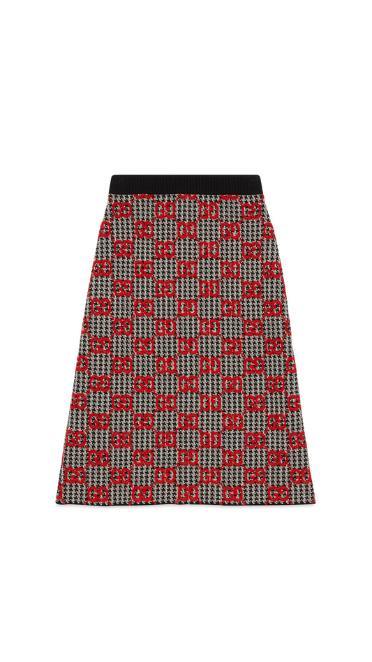 GG Wool Houndstooth Skirt - Black/Ivory/Red