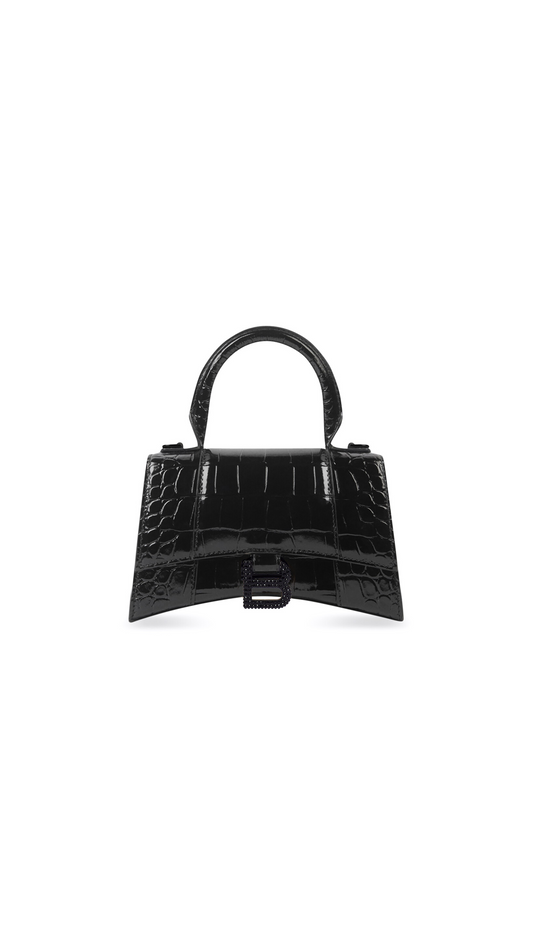 Hourglass XS Handbag Crocodile Embossed with Rhinestones - Black