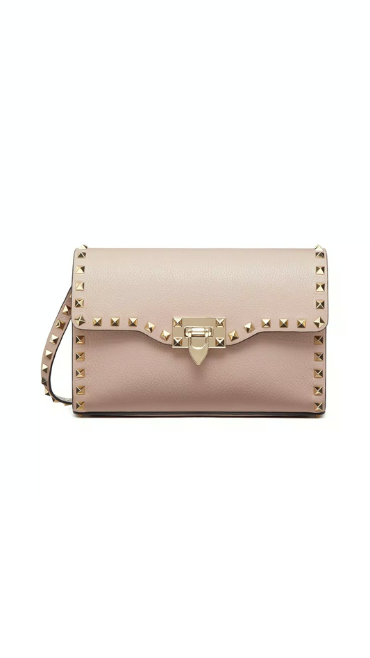 Small Rockstud Grainy Calfskin Crossbody Bag - Poudre