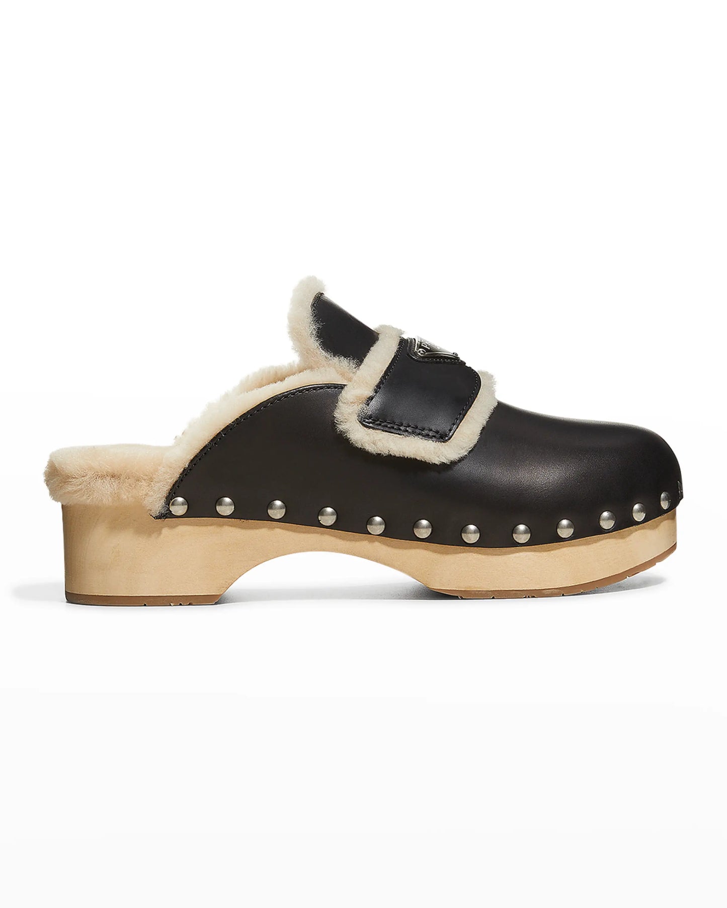 Shearling Trim Leather Clogs - Black