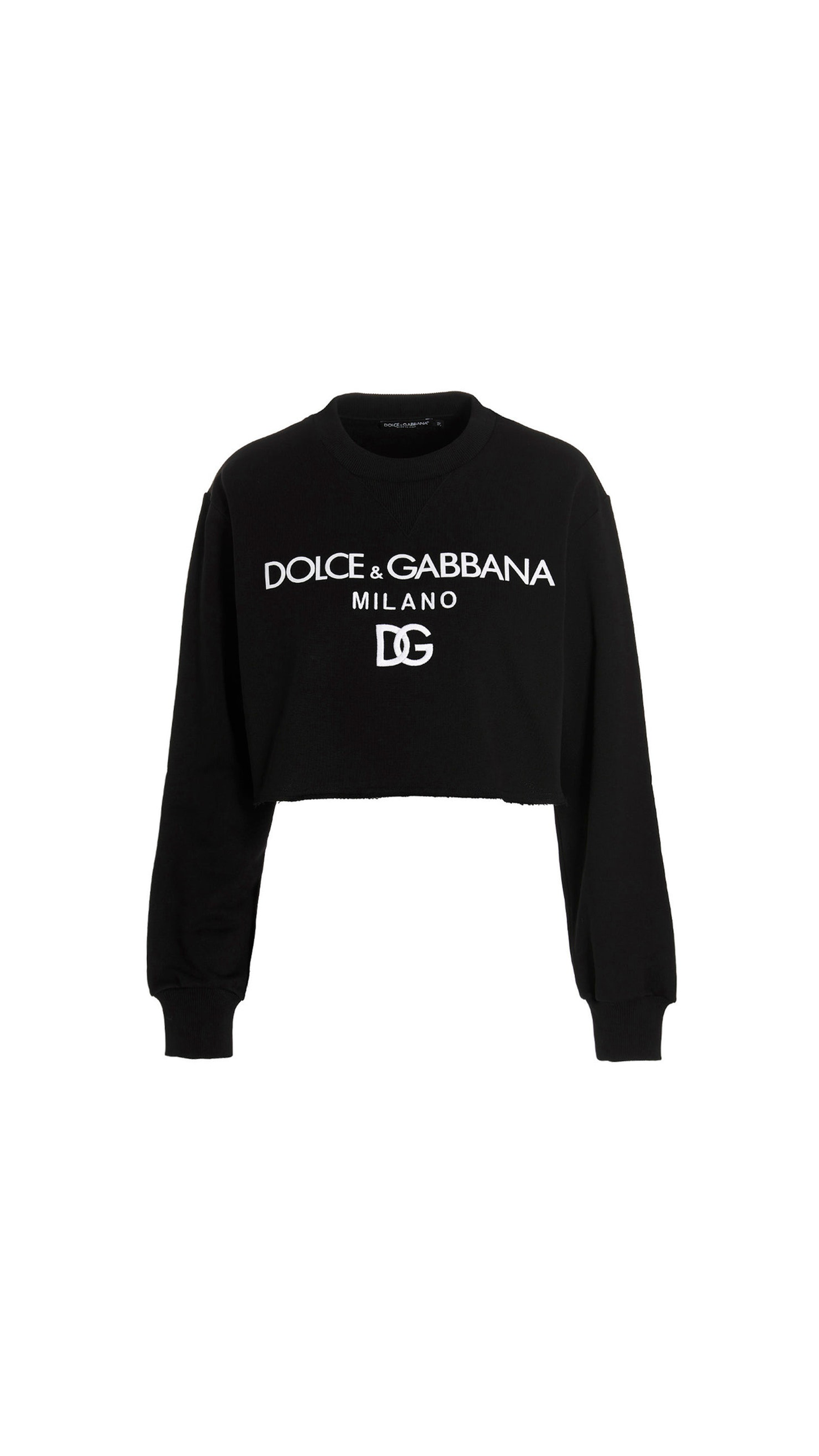 Cropped Jersey Sweatshirt with Logo Print - Black