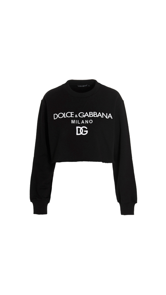 Cropped Jersey Sweatshirt with Logo Print - Black