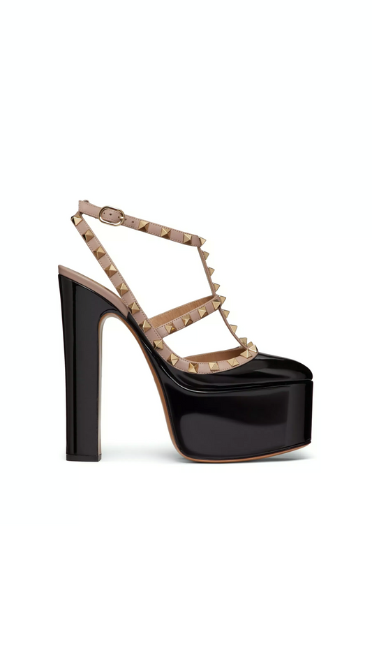 Rockstud Platform Pumps in Patent Leather 155MM - Black / Poudre