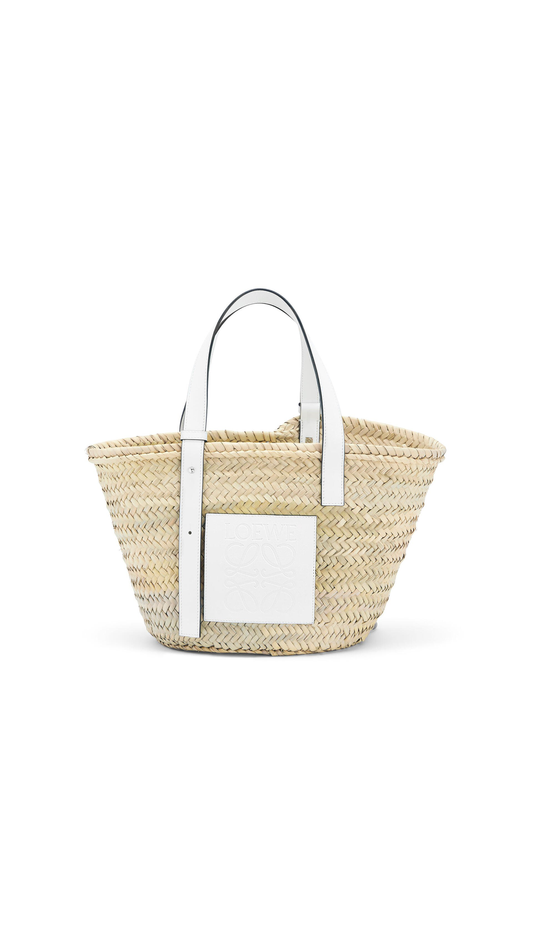Basket Bag in Palm Leaf and Calfskin - Natural / White