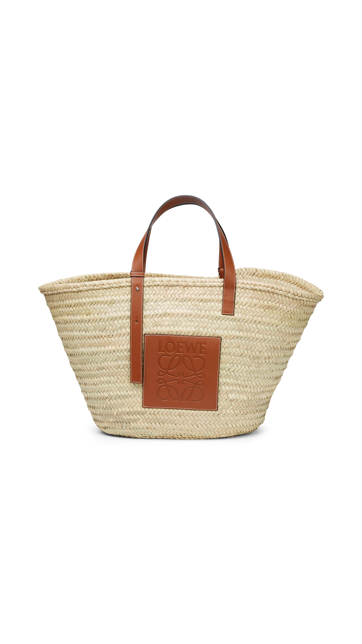 Large Basket Bag in Palm Leaf and Calfskin - Tan.