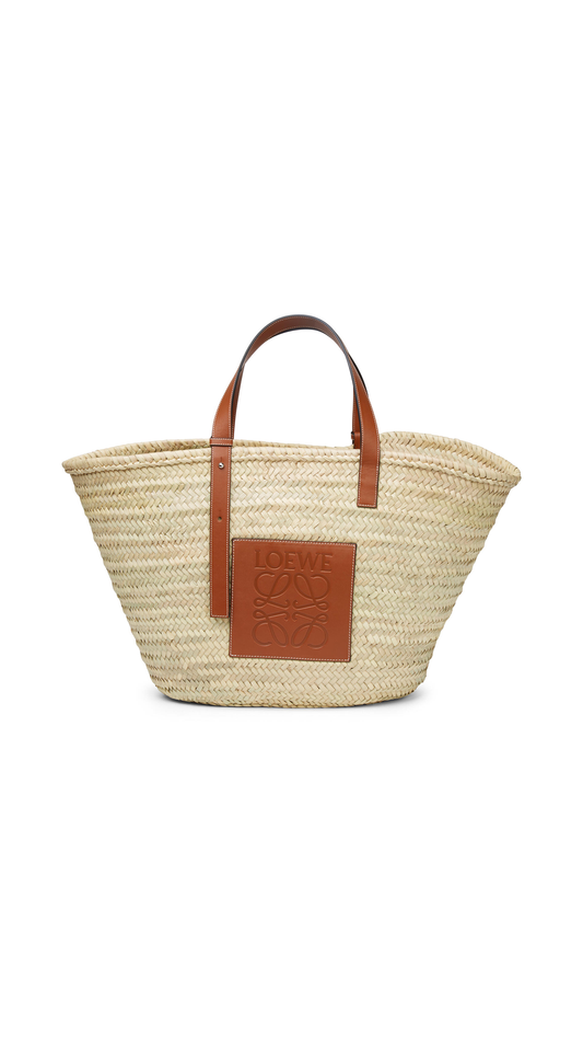 Large Basket Bag in Palm Leaf and Calfskin - Tan.