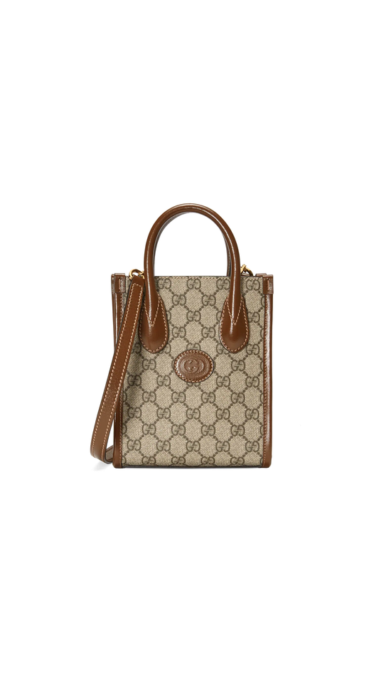 Mini Tote Bag with Interlocking G - Brown