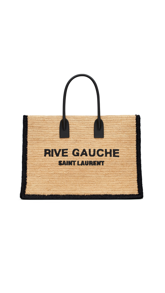 Rive Gauche Tote Bag In Raffia And Leather - Beige Natural