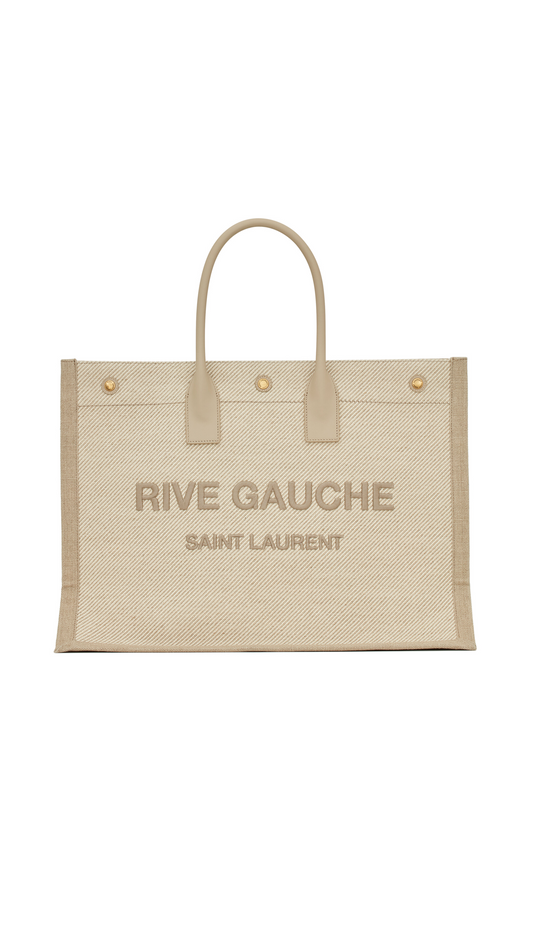 Rive Gauche Tote Bag in Linen and Smooth Leather - Beige.
