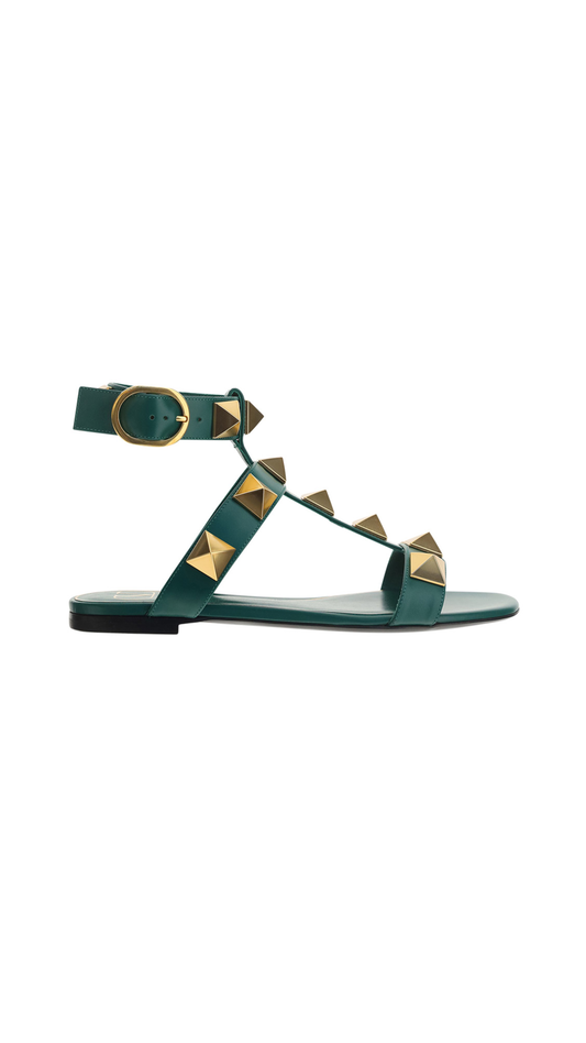 Roman Stud Flat Calfskin Sandal - Green