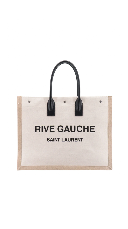 Rive Gauche Large Tote Bag in Canvas and Smooth Leather - Greige/Natural/Black