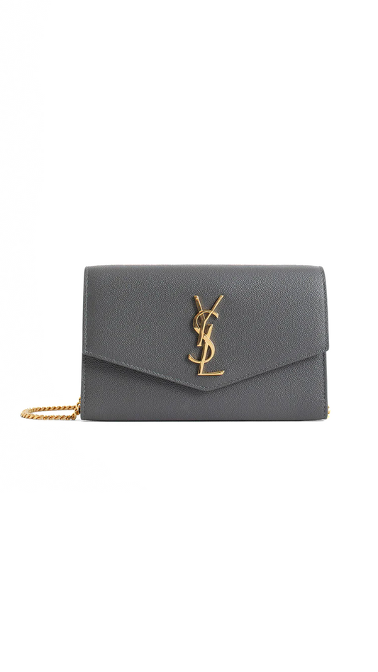 Uptown Chain Wallet in Grain de Poudre Embossed Leather - Storm