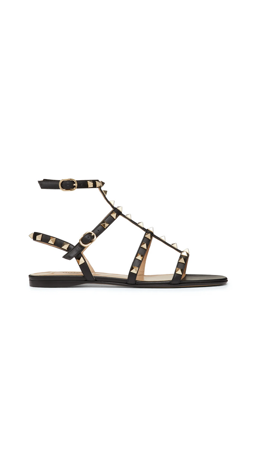 Rockstud Flat Calfskin Sandal With Straps - Black
