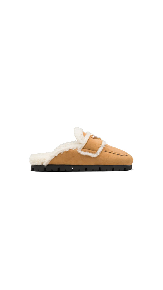 Shearling Logo Slippers - Cognac