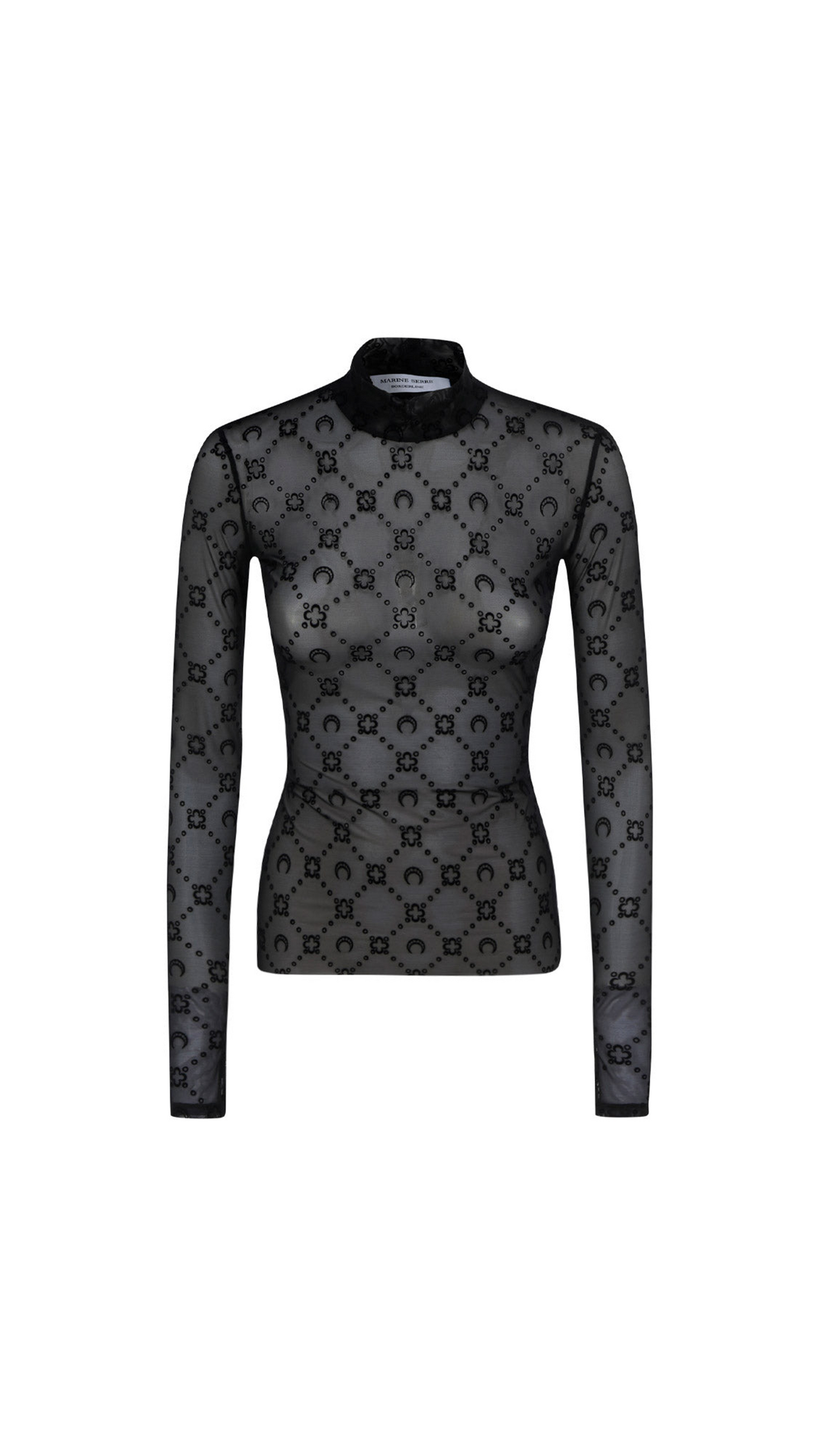 Moonogram-Flocked Mesh Top - Black