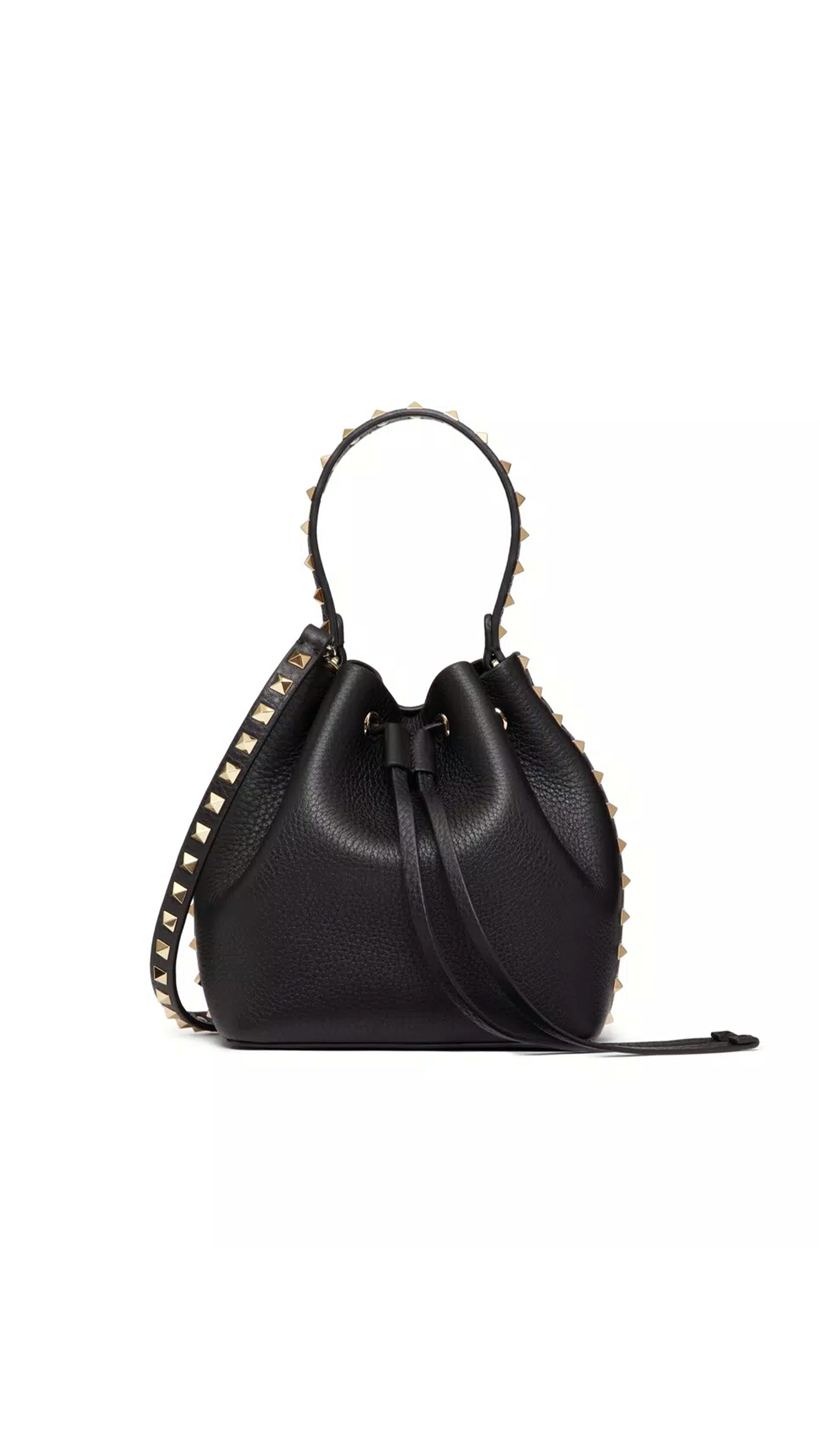 Rockstud Grainy Calfskin Bucket Bag - Black