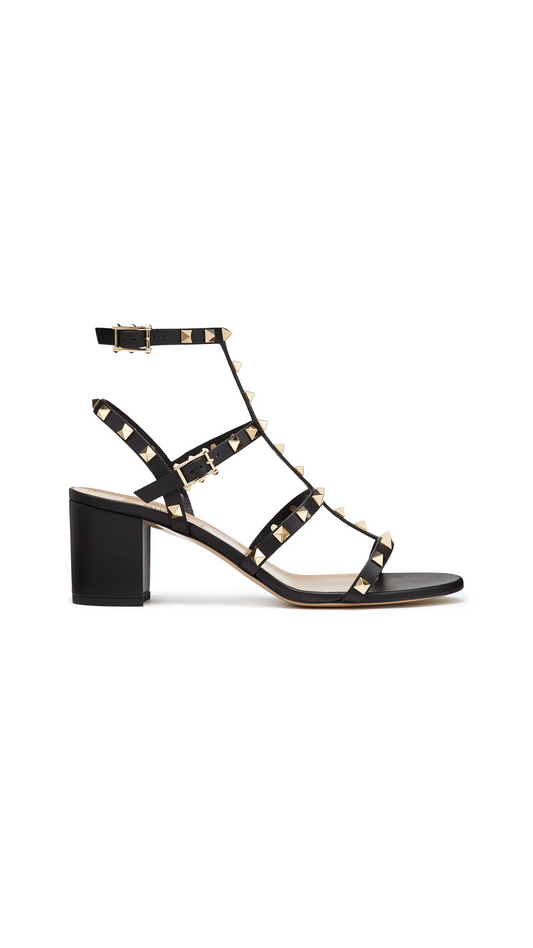Rockstud Calfskin Leather Ankle Strap Sandal 60MM - Black